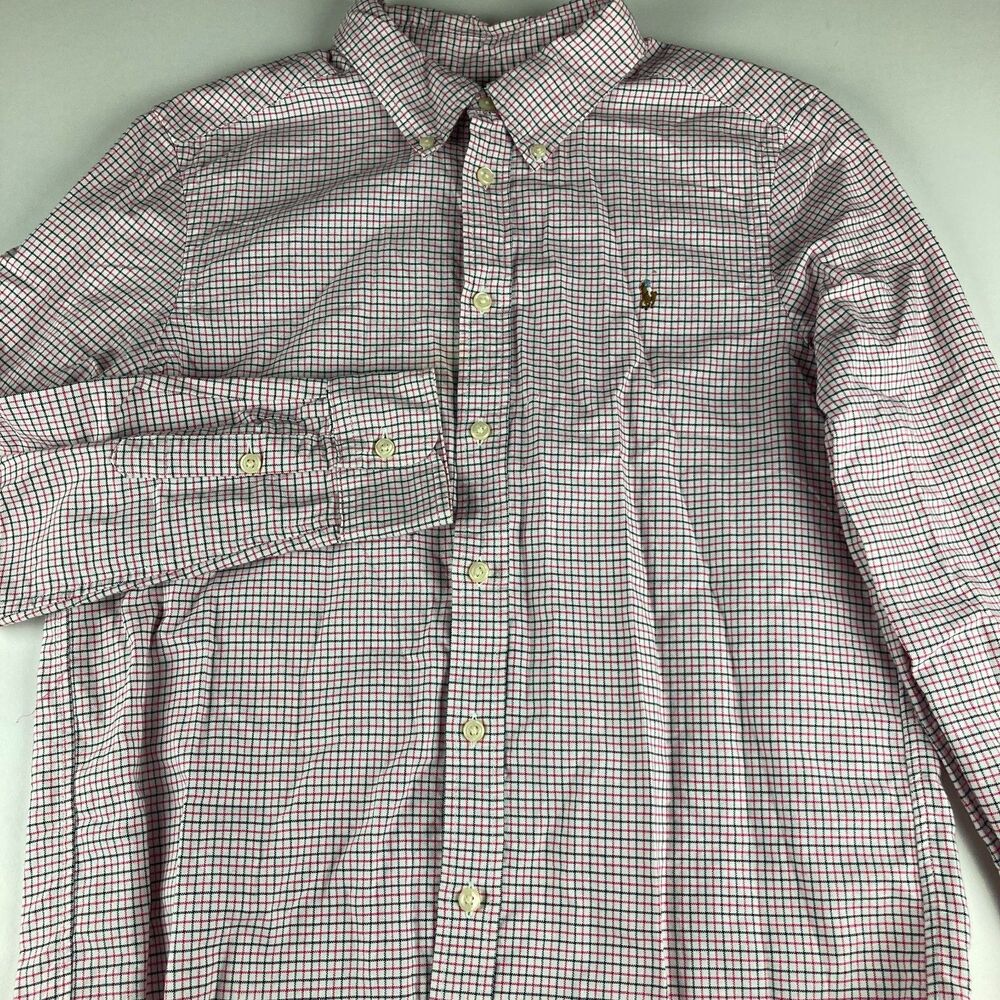 Ralph Lauren Boys L 14-16 Button Front Shirt Pink Blue Check Cotton Pony Logo